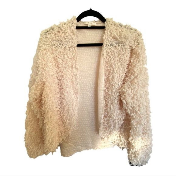 E&M long sleeve bobble tassels open front cream cardigan size Medium EUC - Picture 1 of 6